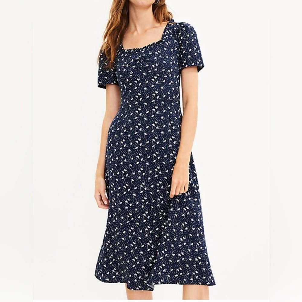 LOFT Navy and White Cinched Midi Dress